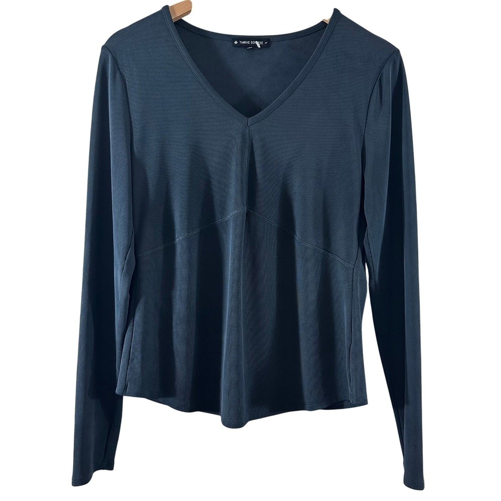Thrive Societe Womens Ribbed V-Neck Long Sleeve Yoga Top Blue Charcoal Large
